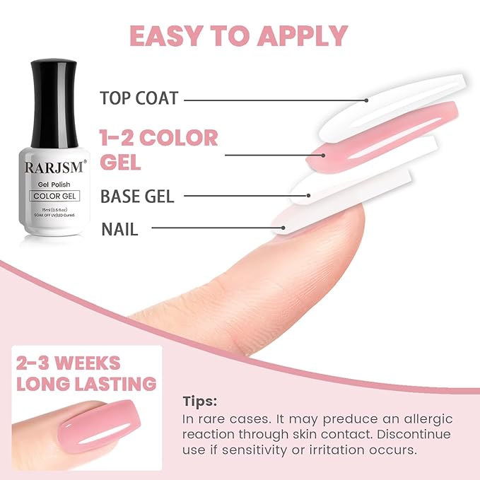 RARJSM Nude Gel Nail Polish Jelly Blush Pink Neutral Skin Tone Sheer Milky Creamy Glass Nudegel 1PC 15ml Single Bottle Transparent French Manicure Soak off UV LED Cured for Home Salon DIY