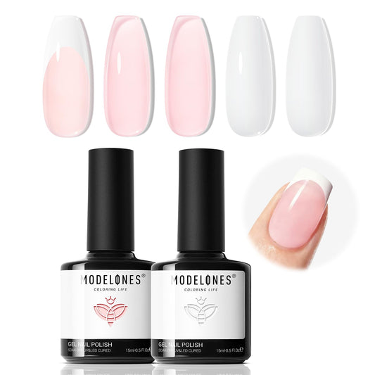 modelones Gel Nail Polish Set 2 Pcs 15ml French Manicure Kit White And Jelly Pink Gel Polish Soak Off UV LED Classic French Tip Gel Polish Natural Nail Art DIY Gift for Women