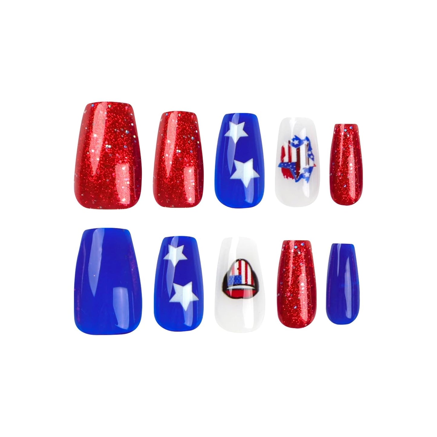 Independence Press On Nails Medium Coffin, 4th of July Fake Nails with Red, Blue, Stars, and USA Flag Accents, Glossy Gel Finish Acrylic Press Ons, Thick Reusable Glue On Nails Kit for Women, 24Pcs