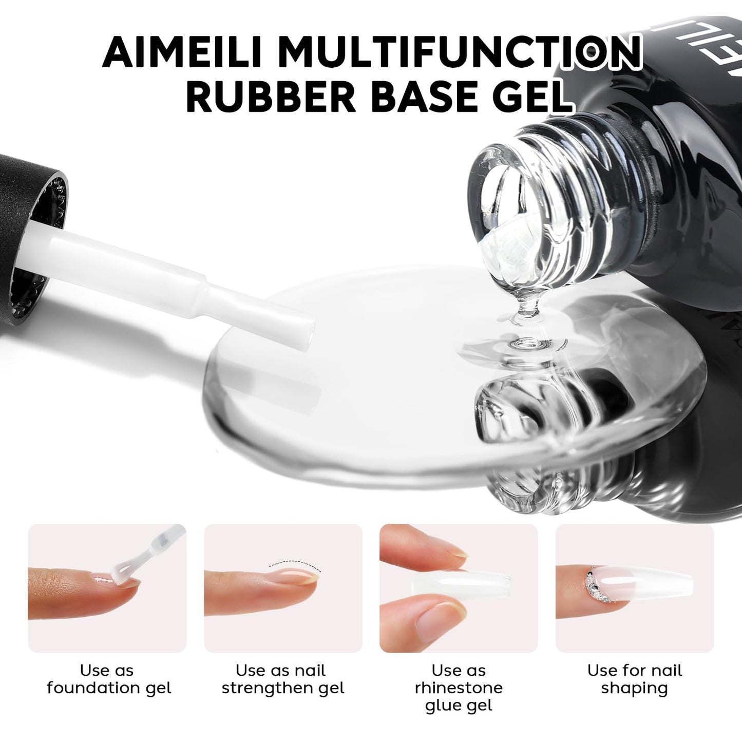 AIMEILI Rubber Base Gel Nail Polish, Hema Free, Cruelty Free, Vegan, Clear Builder Nail Gel Base Coat Soak Off Nail Art Design 8ml