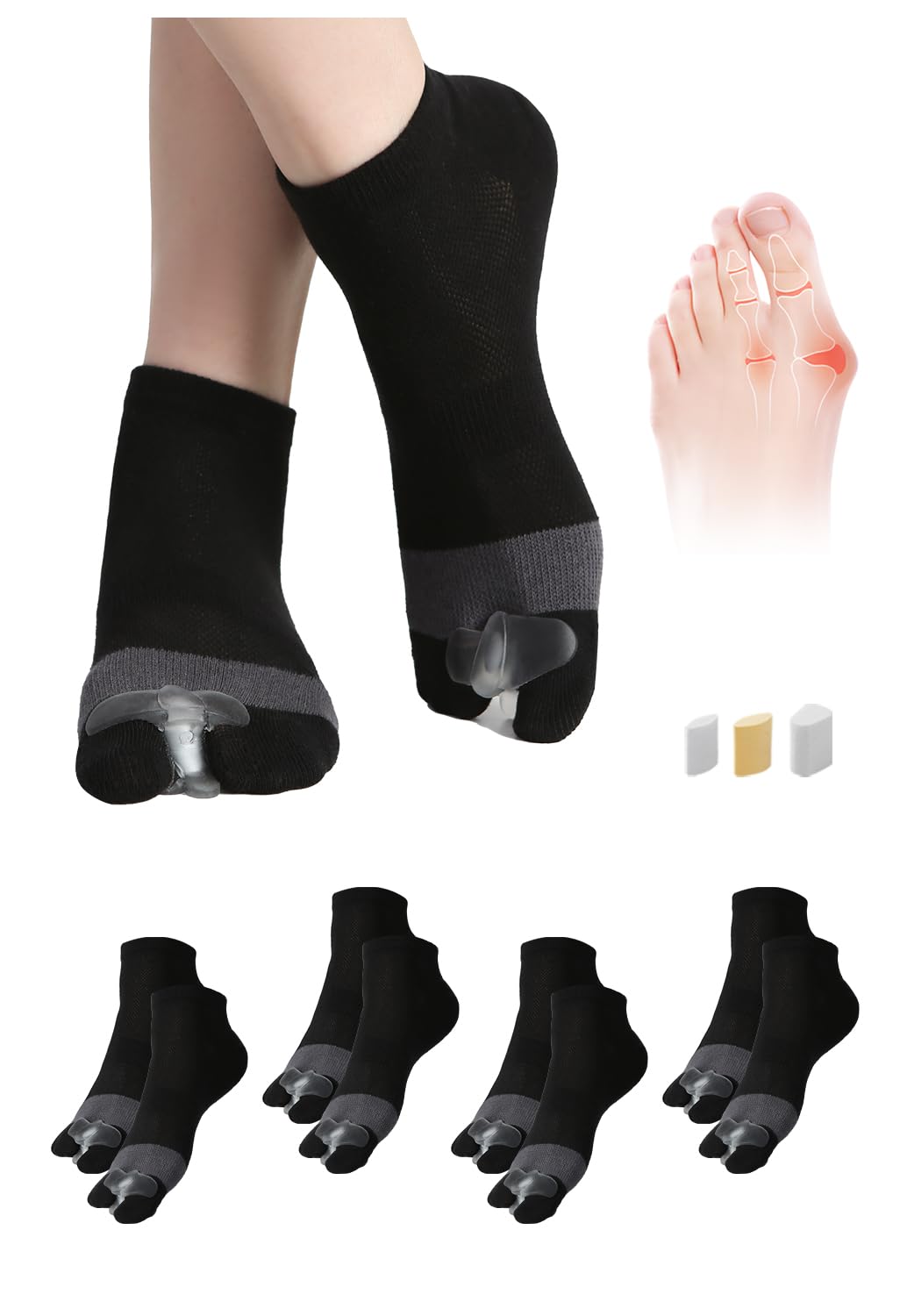Happy Feet Alignment Socks, Adjustable Yoga Toe Separators For Men Women, Wearable On The Go, Black L