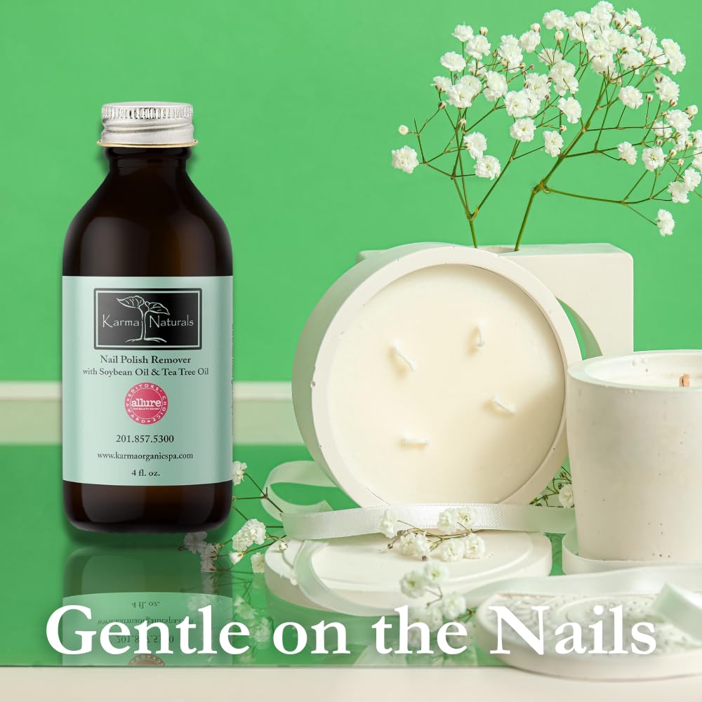 Karma Organic Nail Polish Remover with Soybean Oil and Tea Tree Oil- Non Toxic, Vegan, Cruelty Free, Acetone Free – Nails Strengthener for Fingernails – 4 fl. Oz