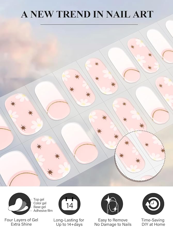 EBANKU 20Pcs Semi-Cured Gel Nail Strips, French Flower Nail Sticker, Lasting Waterproof Full Wraps Stickers for Salon Manicures, Perfect for Women, Girl with File and Stick