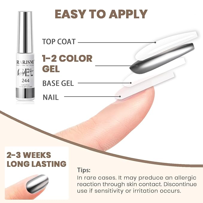 RARJSM Metallic Silver Gel Liner Nail Art 3D Mirror Chrome Effect Gel Nail Polish 8ml Build in Thin Brush Metal Painted Drawing Striper Gel Polish Soak off Curing Requires for Home Salon Diy Painting