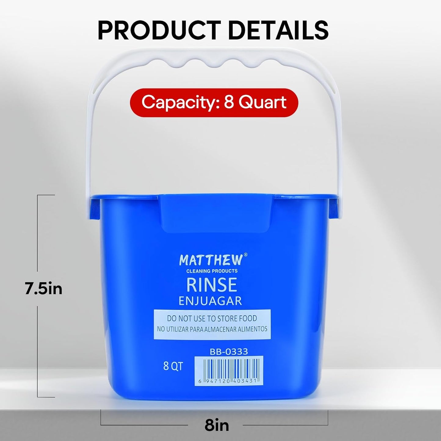 Matthew Detergent&Sanitizing Cleaning Bucket 8 Quart Plastic Pail,Set of 12 Square Containers,Built-in Spout w/Handle,Wash Rinse Sanitize Handwash Bucket for Home Office Commercial Restaurant (Blue)