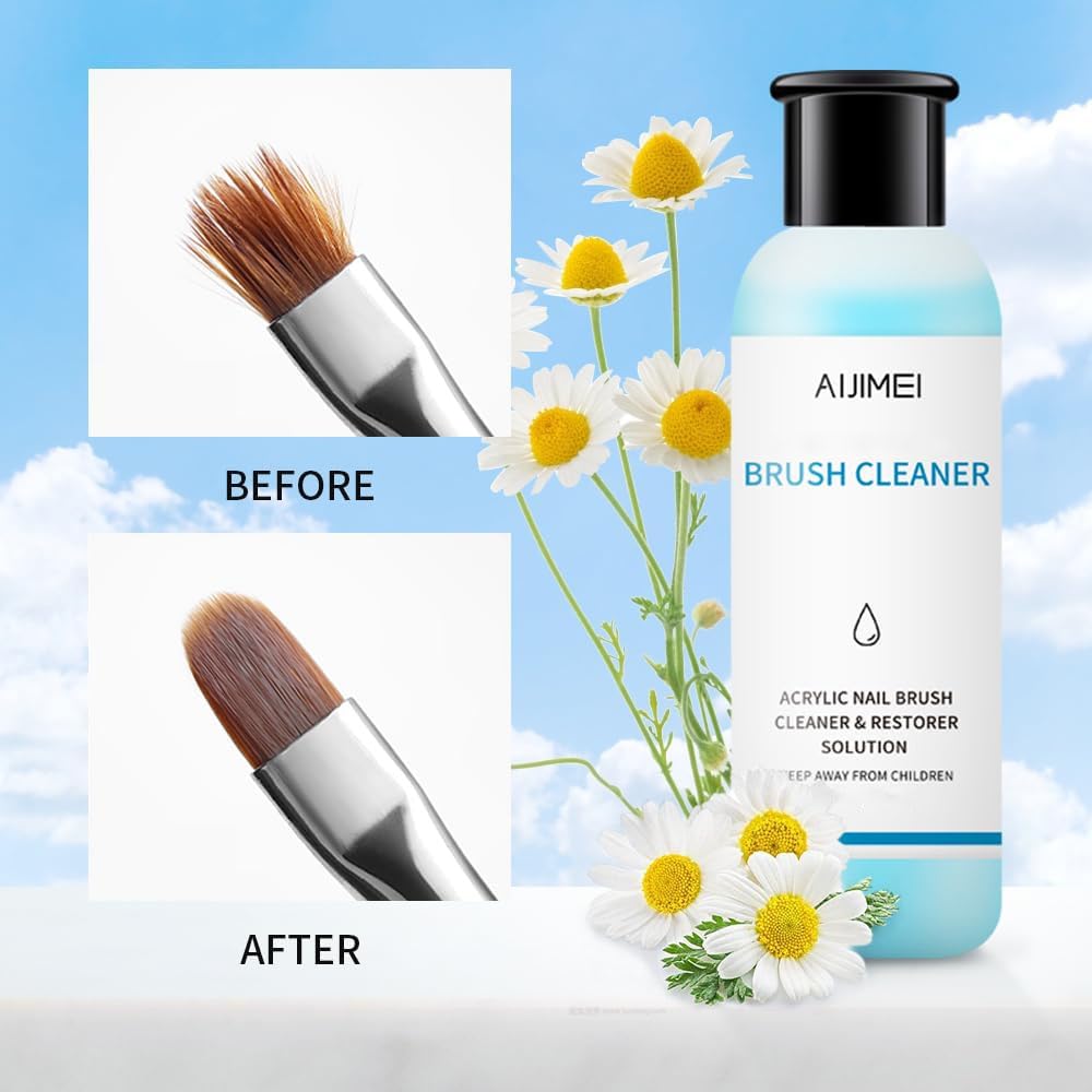 AIJIMEI Nail Brush Cleaner - 4oz Gel Solution for Preserving & Restoring Nail Art Brushes - Includes Glass Cup & Cleaning Cotton Pads - Effective Manicure Brush Cleaning Set (120ml)