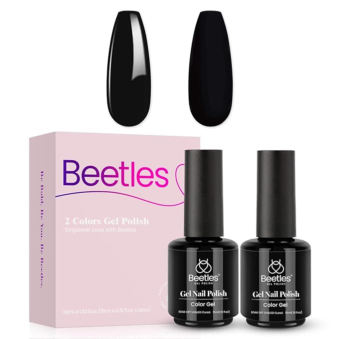 Beetles Black Winter Gel Polish 2Pcs 0.51Fl.OZ Pure Black Gel Nail Polish Set 15ml Dark Base Color Soak Off Uv Nail Lamp Art Manicure DIY Design Gift for Women Long Nights Collection