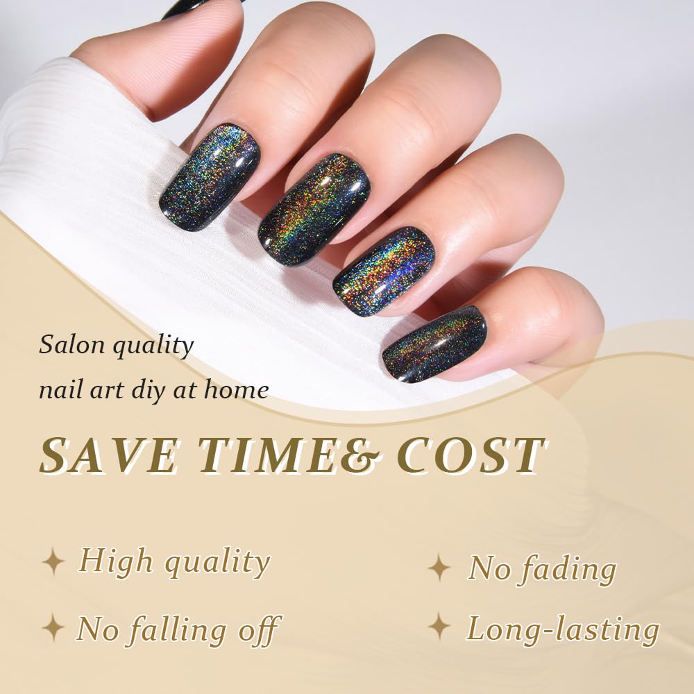 evpct Black Chrome Metallic Cat Eye Press on Nails Square Medium, Glue on Nails Medium Length Square for Women, Black Metallic Nail press ons, Iridescent Glitter Halloween Acrylic Fake Press on Nail