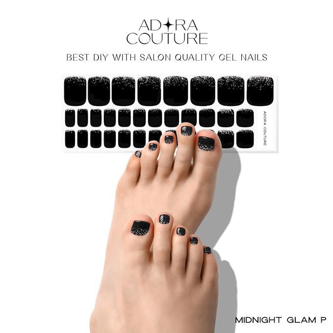 Semi Cured Gel Nail Strips - 32 pcs Gel Pedicure Stickers, Easy to Apply & Remove Toenail Stickers, Salon Quality at Home & Long Lasting - UV Nail Lamp Required - Midnight Glam P