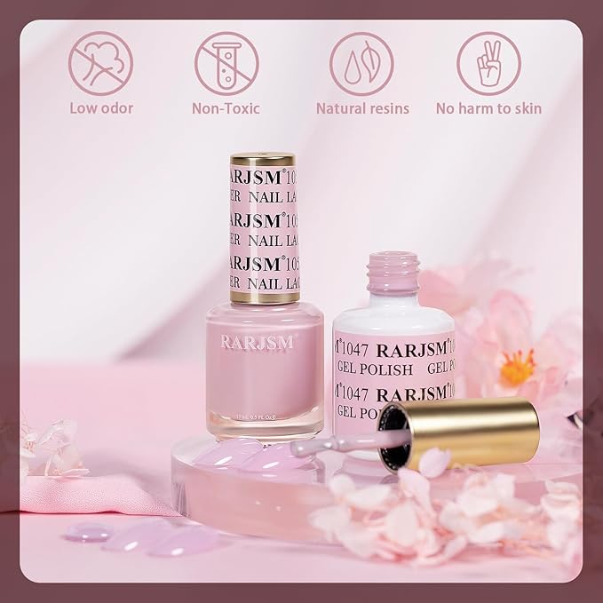 RARJSM Pastel Pink Gel Nail Polish 2pcs Set,Gel and Lacquer Combo,Purle Pink Air Dry Nail Lacquer and Nude Pastel Pink Gel Polish LED UV Curing Requires French Manicure DIY Nail Art Home Salon 15ml