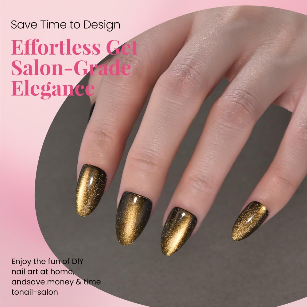 evpct Cat Eye Gold Press on Nails Almond Short, Gold Metal Short Almond Soft Gel Press on Nails with Nail Glue, Fit Perfectly, 30Pcs Reusable Acrylic Fake Press-on Nail Polish Kit for Women Gift