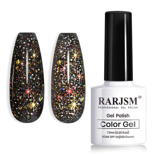 RARJSM Reflective Glitter Gel Polish Black Sequins Sparkling Glitter Iridescent Shimmer Gel Disco Glitters Sparkle Diamond Holographic Gel Soak off Nail Art Design Salon DIY at Home