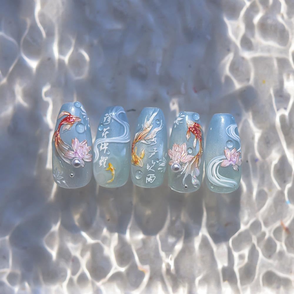Goldfish Nail Art Stickers Sparkly Koi Fish Nail Stickers 5D Embossed Koi Lotus Lucky Red Self-Adhesive Nails Design Shell Light Goldfish Adhesive Slider for Women DIY Nails Art Decorations