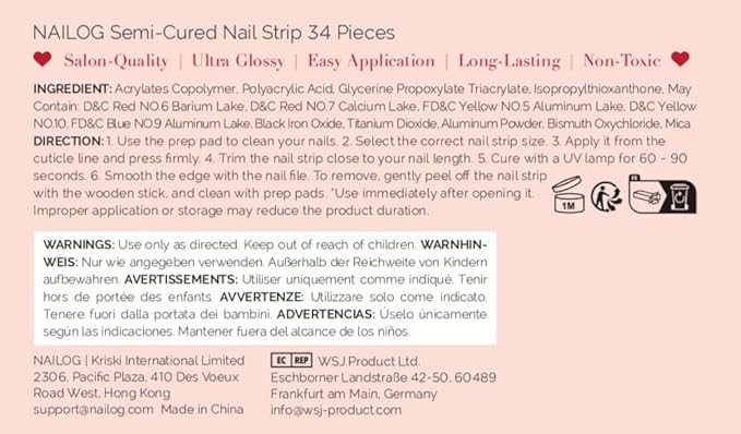 NAILOG Semi Cured Gel Nail Strips, 34 pcs Salon-Quality Gel Nail Stickers, Long Lasting Nail Wraps for Women with Soft Gel Finish | The Oriental