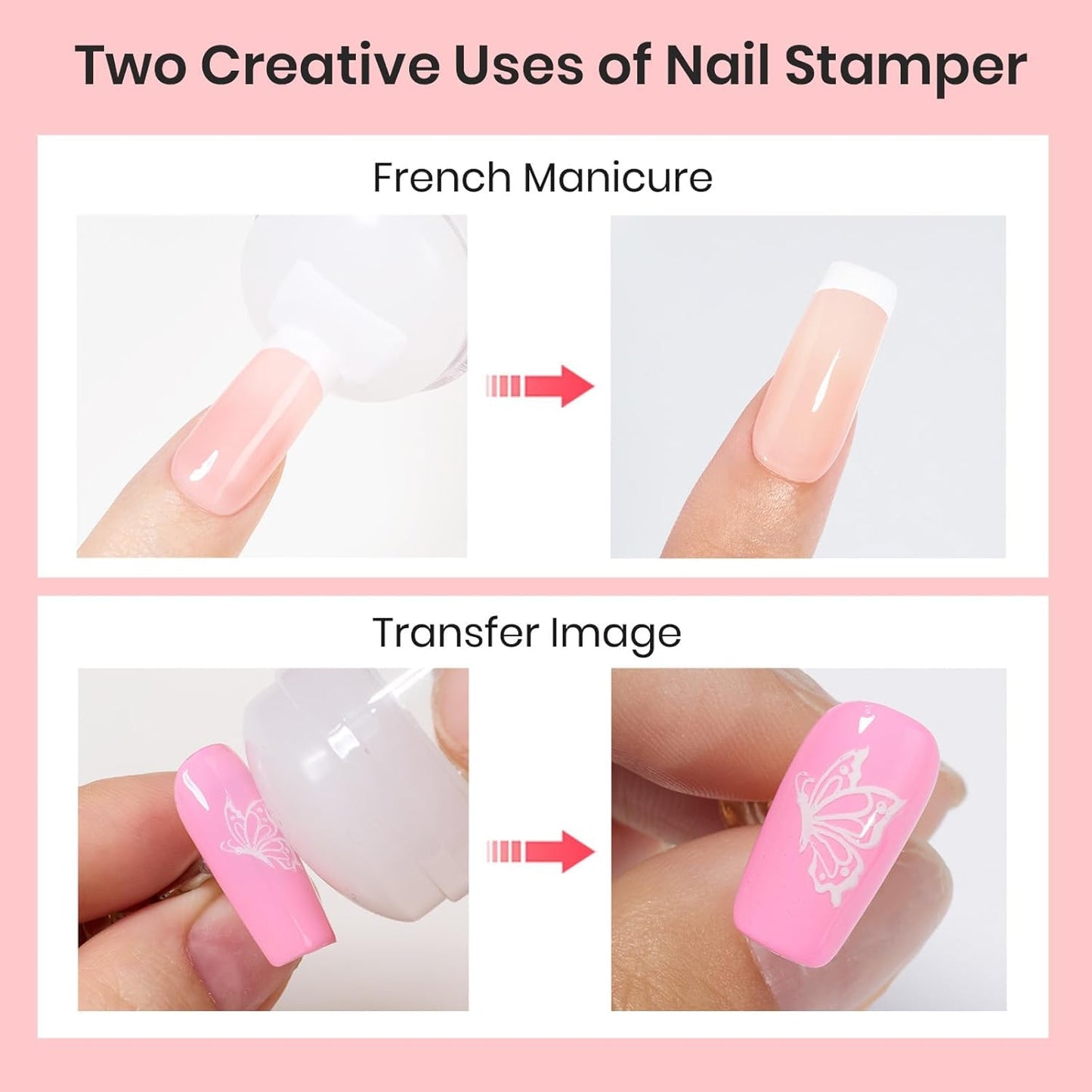 Beetles Nail Stamp, 4Pcs French Tip Tool Easy Manicure Nail Stamper Single Head Soft Silicone Long & Short French Tip Stamp Tool with 2Pcs Nail Scraper Decorations Gift for Women