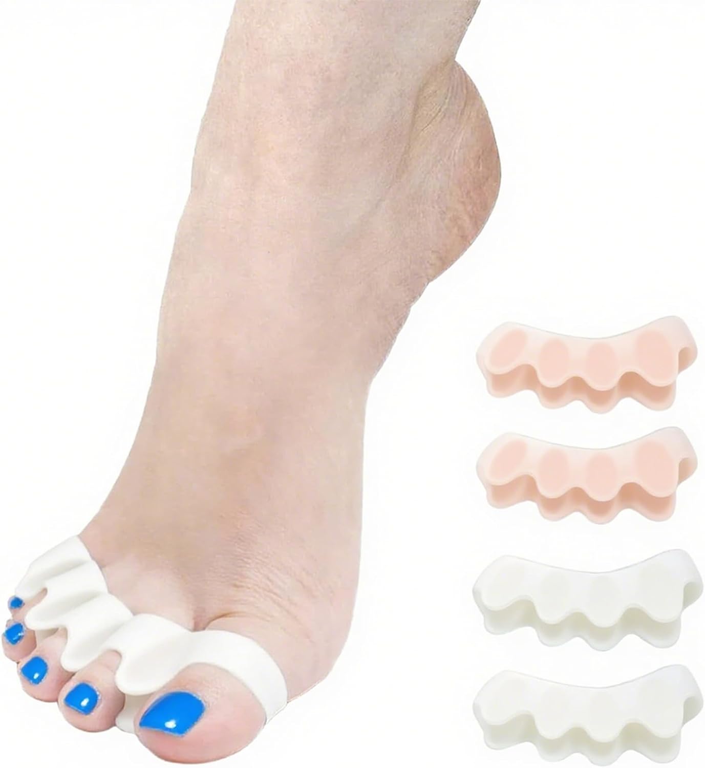 Kingjie Silicone Toe Spreaders for Men & Women - Correct Curled Toes, Bunion & Hammer Toe Support, Reusable & Washable Adjustable Unisex Toe Spacer（4 Pack） (White + Skin Color)