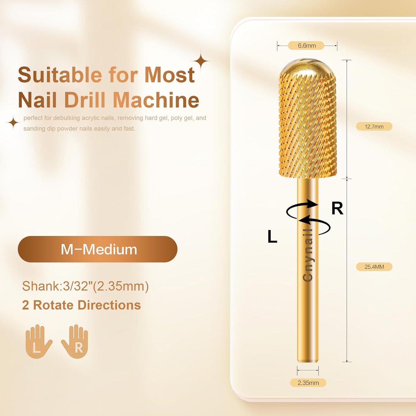 3/32" Large Barrel Smooth Round Top Tungsten Carbide Nail Drill Bit Safety Bit for Gel & Acrylic Removal, 2-Way Rotating Efile Tip, Salon Electric File Accessory (M Grit, Gold)