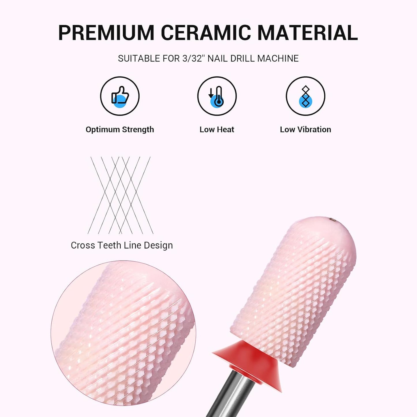 MelodySusie Ceramic Nail Drill Bit, 3/32'' Smooth Round Top Large Barrel Bits, Suitable for Manicure Pedicure Cuticle Gel Polishing, Beginners Bits, Pink, Series Bit-S, Fine