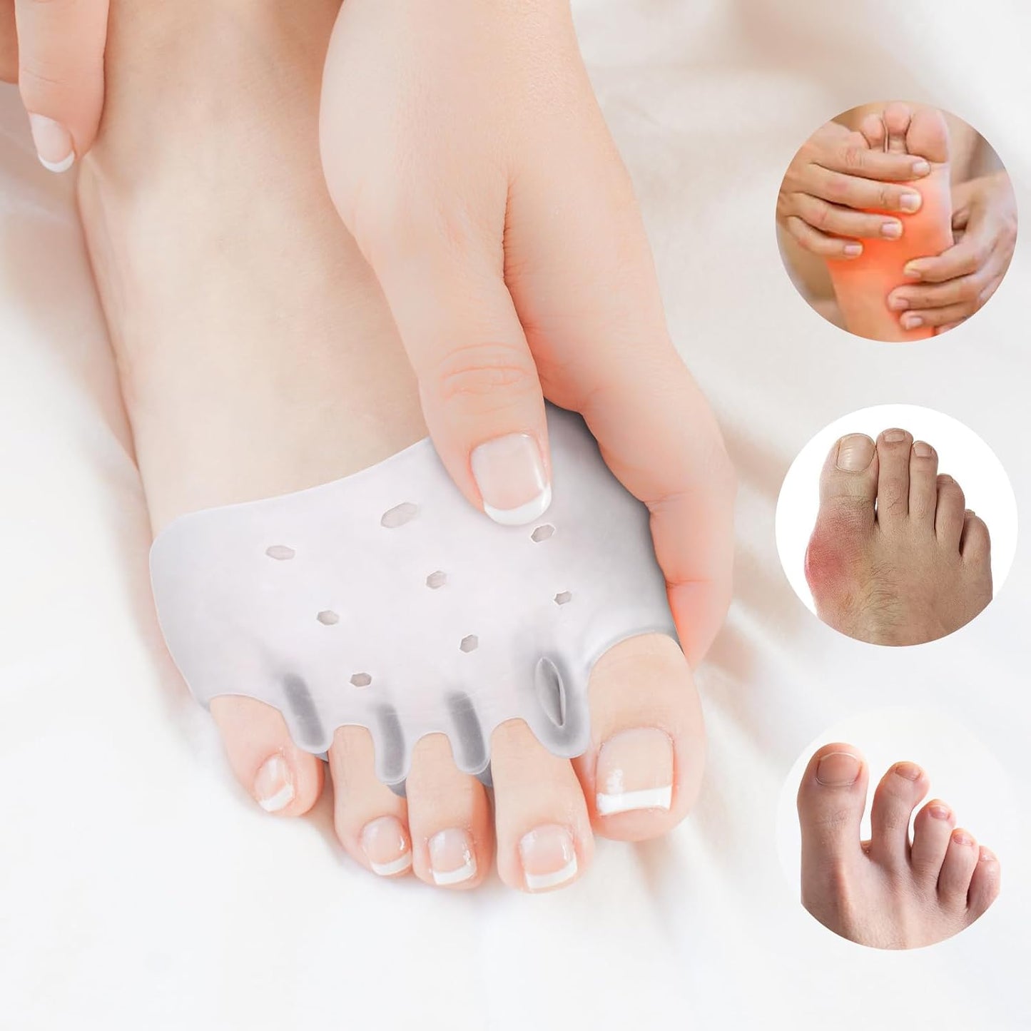 4 Pairs Silicone Toe Separators, Metatarsal Pads, Gel Toe Separators, Ball of Foot Cushions, Toe Separators for Overlapping Toes to Foot Pressure Relief (White Blue Clear Skin-color)