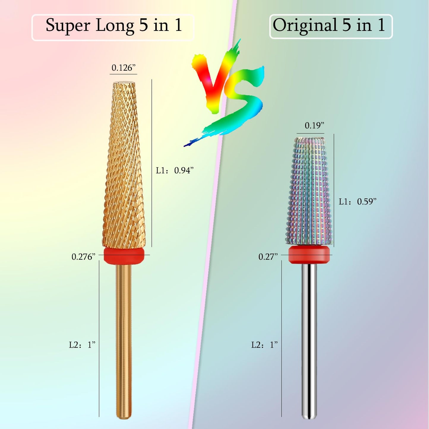 Super Long 5 in 1 Nail Drill Bits, Professional 3/32'' Carbide Tungsten Two Way Rotary Advanced Safety Bits, Fast Remove for Manicure Pedicure Cuticle Acrylic Nails (Gold, Fine-F)