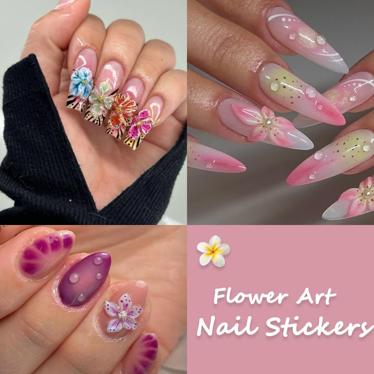 3 Sheets Flower Nail Decals, Lily Nail Stickers, 3D Self-Adhesive Nail Design Stickers for Woman Daily Festival DIY Pink Purple Green Floral Manicure Decoration Supplies