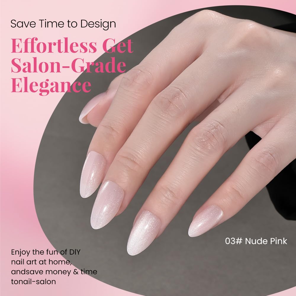 Cat Eye Press on Nails Almond Short, Cat Eye Stick on Nails Press on, Pearl White Nude Pink Glitter Short Almond Press Glue on Nail, Fake Nails Press ons with glue 60Pcs Reusable Acrylic Fake Nail Kit