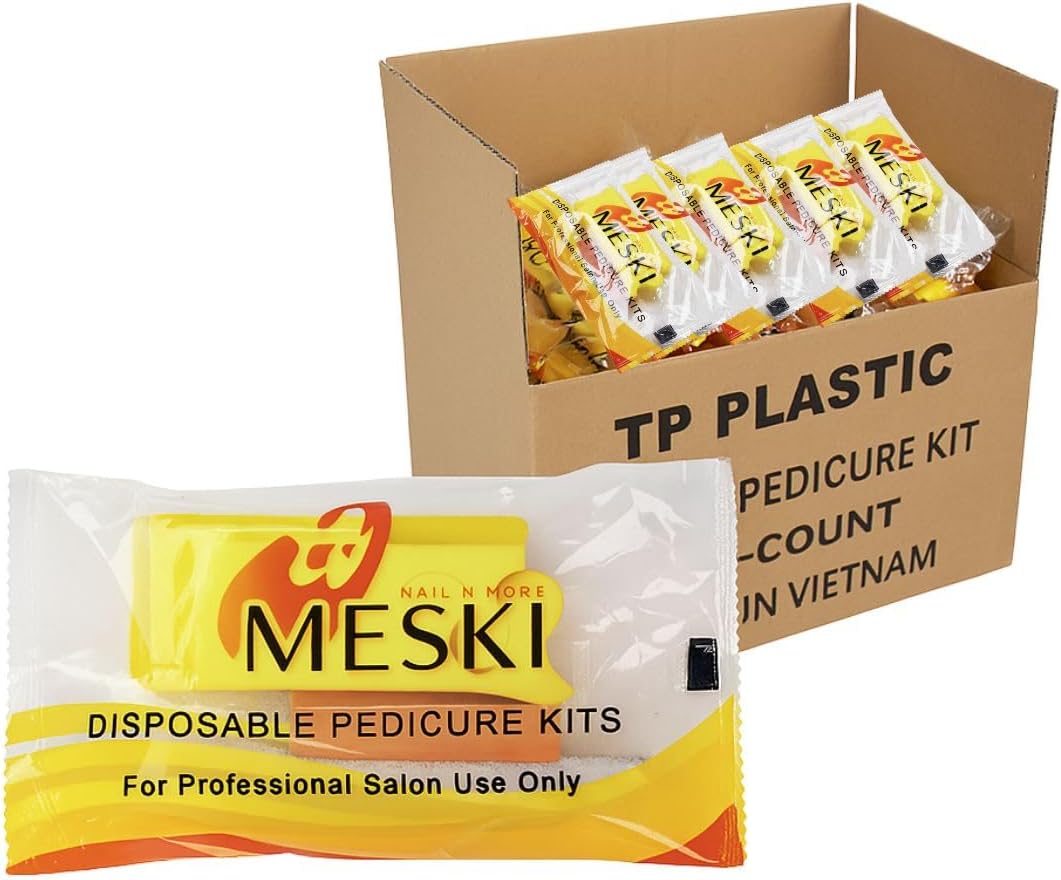Disposable Pedicure Kit, 200 Sets – 4-Piece Individually Wrapped Nail Care Set with Yellow Pumice, White 80/100 Grit Nail File, Orange Buffer, Toe Separators – Spa & Salon Use