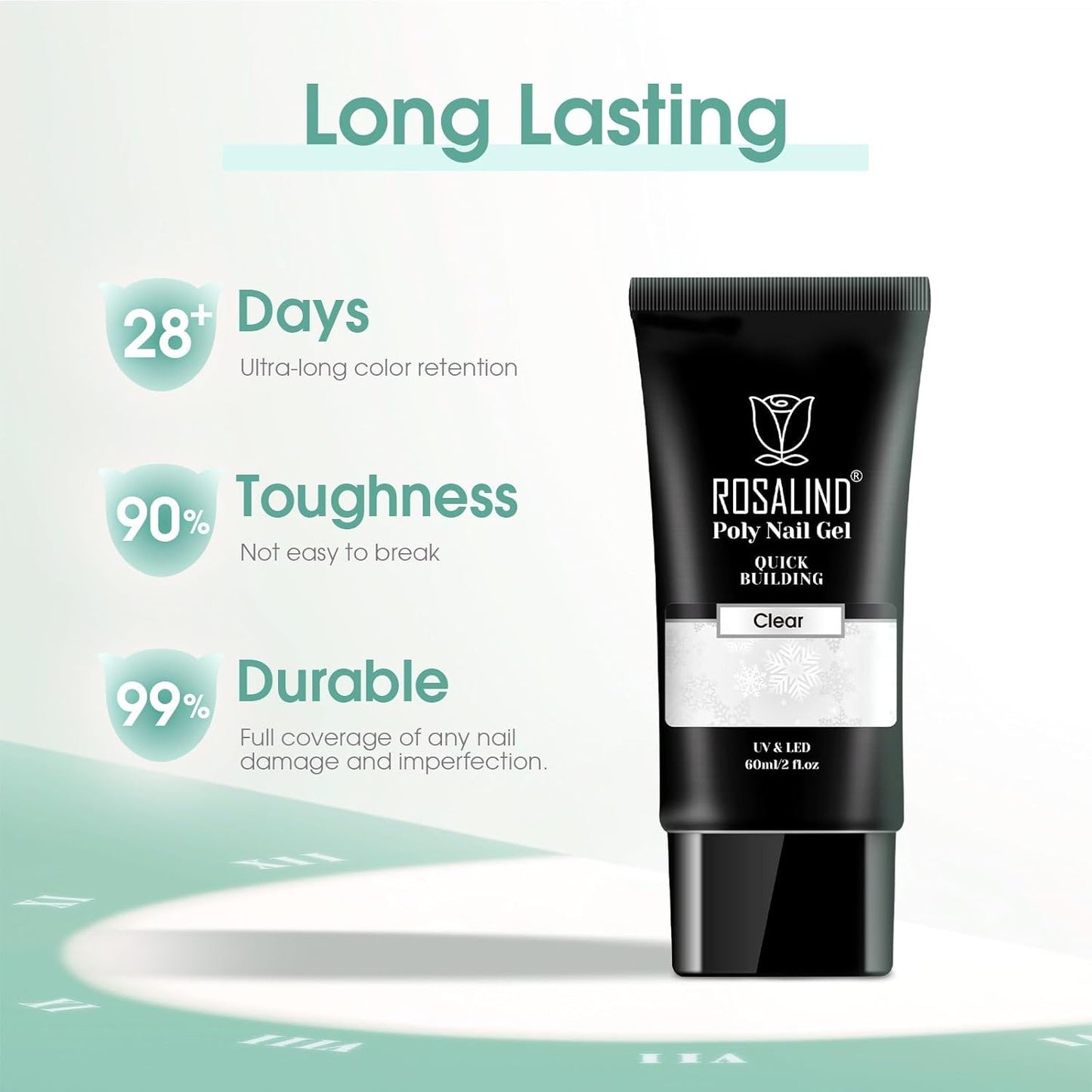 ROSALIND 2 oz Clear Poly Nail Gel - Professional Nail Extension Gel for Long Lasting DIY & Salon Nails, Quick Dry UV/LED Light Cured Transparent Nail Builder Clear Gel Summer