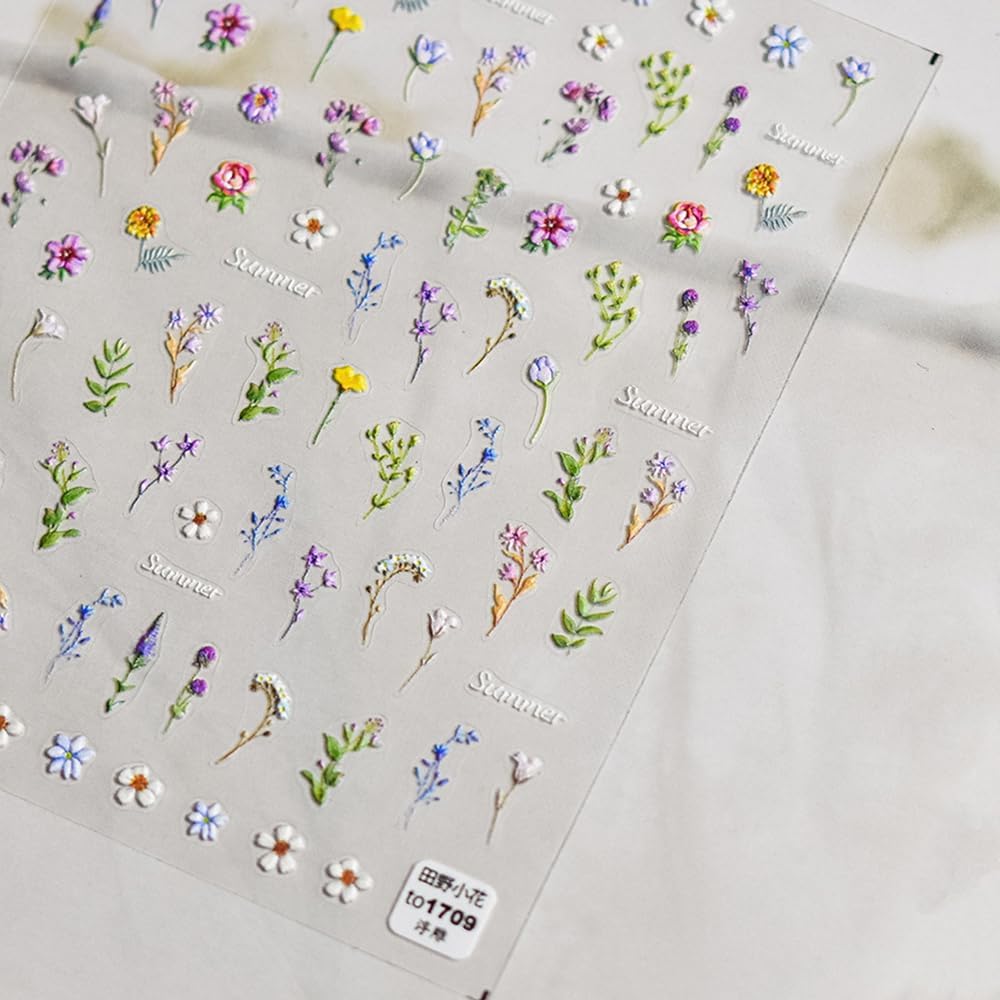 1Pcs Little Wild Flower Nail Stickers Small Daisy Nail Decals 5D Embossed Wildflower Nail Art Stickers Spring Summer Pink Yellow Blue White Green Flower Design Nail Art Decoration for Women Girls Kids