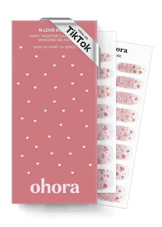 ohora Semi Cured Gel Nail Strips (N Love Bomb) - Pink, Glitter, Works with Any UV/LED Lamps, Salon-Quality, Long Lasting, Easy to Apply & Remove - Includes 2 Prep Pads, Nail File & Wooden Stick