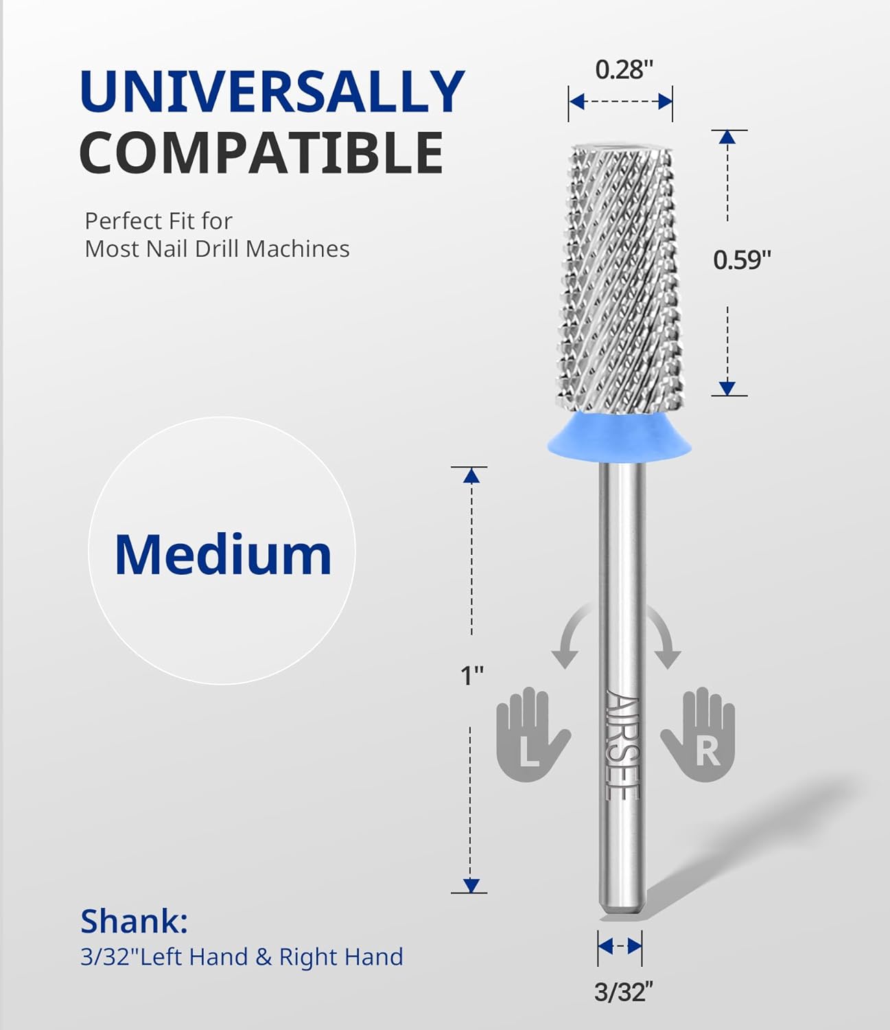 AIRSEE Tungsten Carbide Acrylic Nail Drill Bit Efile Electric File Machine Head Tip for Manicure Polishing Art Remove Gel 3/32" 2 Way Professional Tech Flat Top Tapered Barrel Medium-M