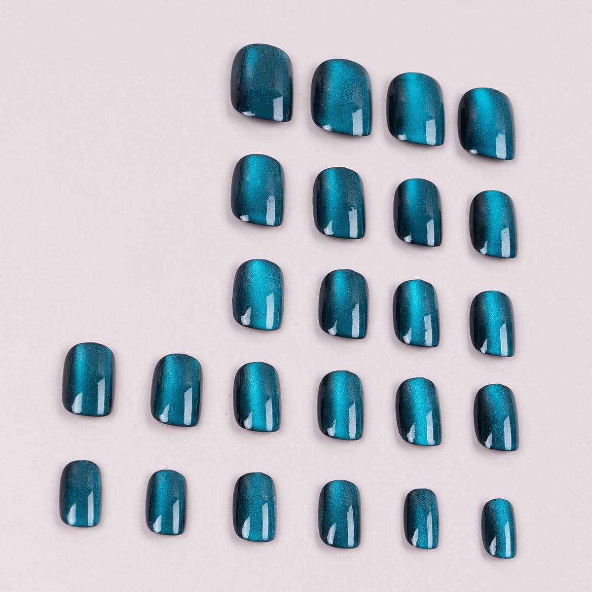 Peacock Blue Cat Eye Short Press on Nails Square, Blue Short Square Glue on Nails for Women Gift, Metallic Glitter Glossy Reusable Spring Summer Stick Gel Press on Acrylic Fake Nail with Designs 03