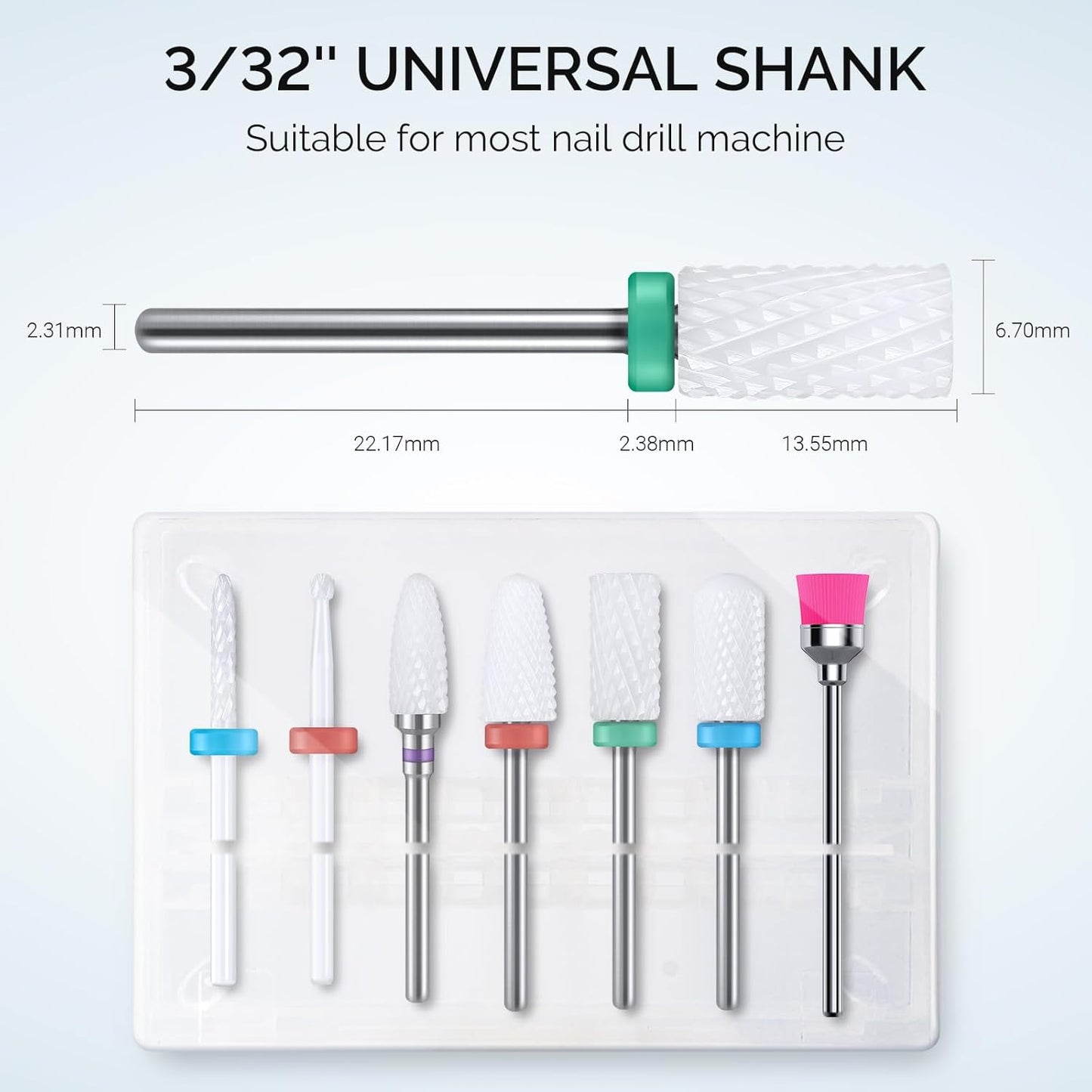 MelodySusie Ceramic Nail Drill Bits Set, 3/32'' (2.35mm) Professional Acrylic Nail File Drill Bit for Manicure Pedicure Cuticle Gel Nail Polishing 7Pcs