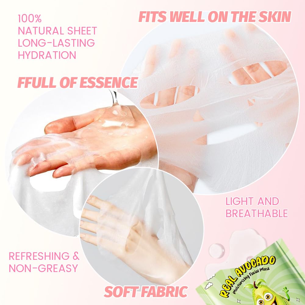 8 PCS Real Hydrating Nature Face Masks Skincare, Hyaluronic Acid, Vitamin C and E, Chamomile, Korean Beauty Essence Facial Paper Sheet Mask for Skin Care Moisturizing (Avocado)