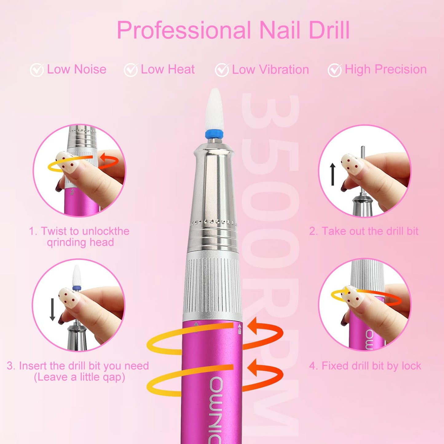 Electric Professional Nail Drill 35000RPM Cordless Portable Nail E-File Buffer Tools with Bits Perfect for Salon Manicure Pedicure Acrylic, Gel, Natural Nails(Rose Pink)