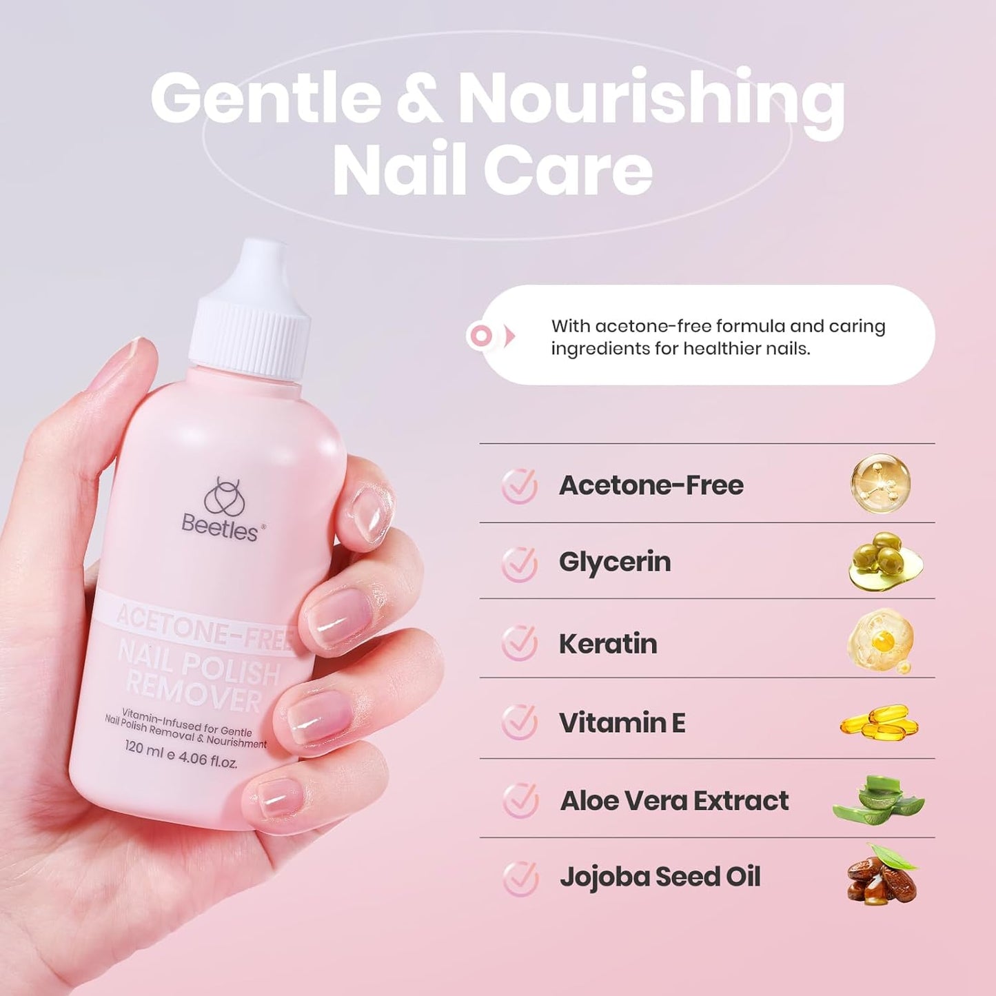 Beetles Non Acetone Nail Polish Remover - 4.06Fl Oz/120ML Nourishing Formula Acetone Free Nail Polish Remover - Non-Drying - Professional Controllable Quick & Gentle Removal for Natural Damaged Nail