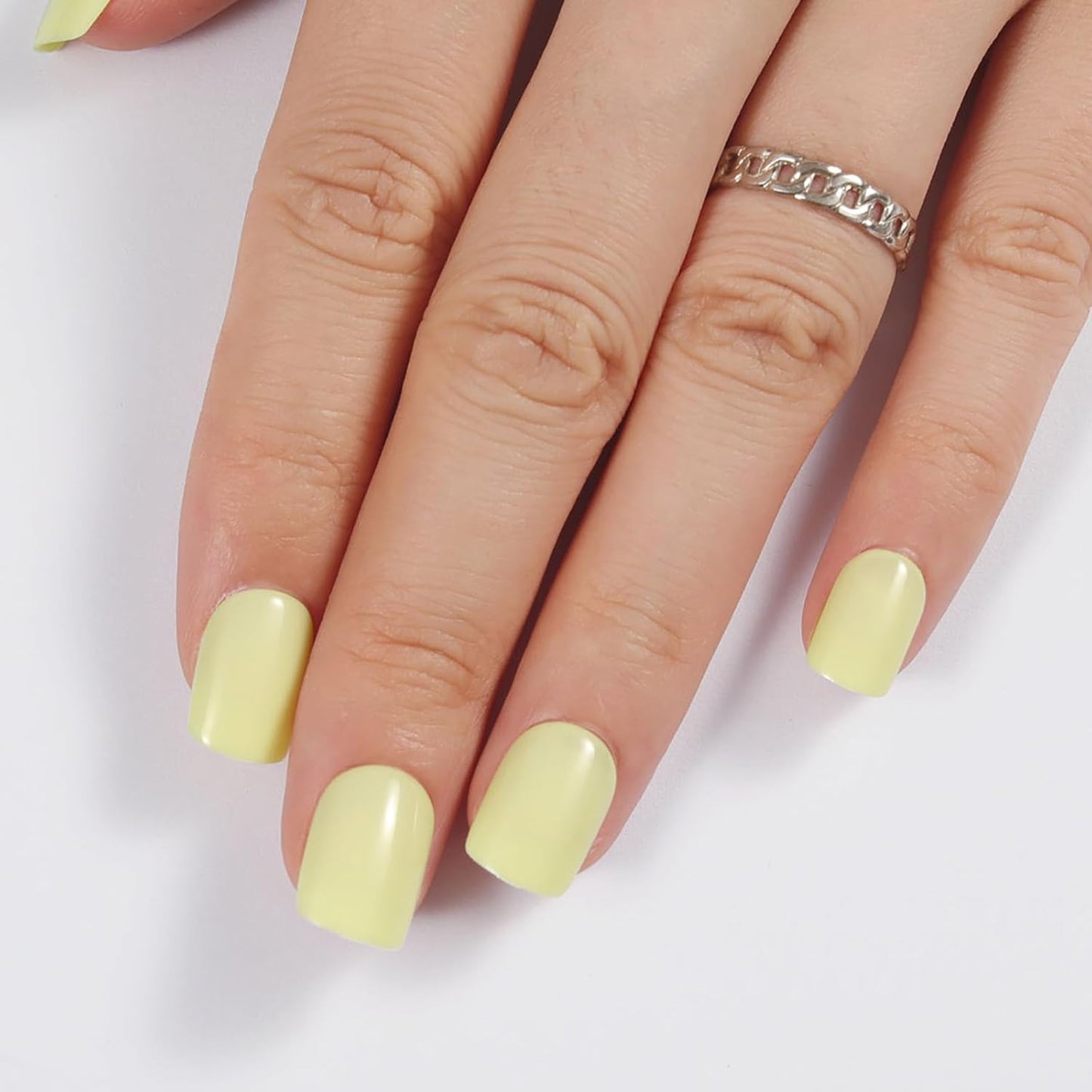 Cream Yellow Press On Nails Short, Glossy Soft Gel Press On Nails Square with Nail Glue, 15 Sizes - 30 Fake Nails Kit, Thick Natural Reusable Glue On Nails for Women, Butter Bliss