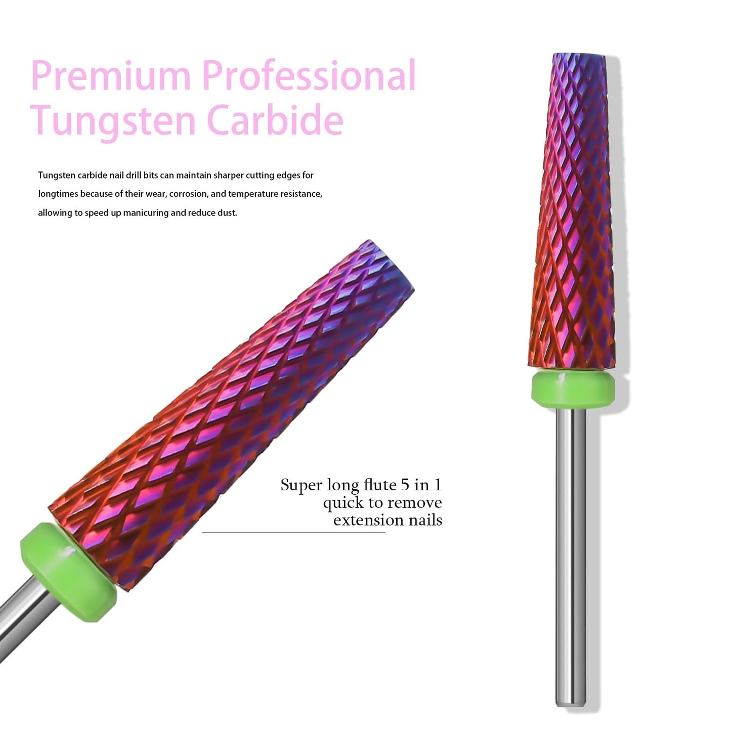 Super Long 5 in 1 Nail Drill Bits,Two Way Rotary Nail Cleaner Carbide Tungsten Nail Bits, Suitable for Manicure Pedicure Cuticle Gel Polishing Acrylic Hard Gels (Purple, Coarse-C)