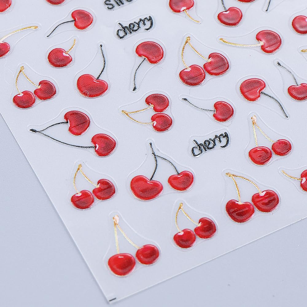 Cherry Nail Art Stickers Decals Summer Fruit Cherry 5D Embossed Nail Decals 3PCS Self-Adhesive Cherries Design Summer Stickers for Nails Art Decorations Supplies Manicure Sliders Accessories for Women