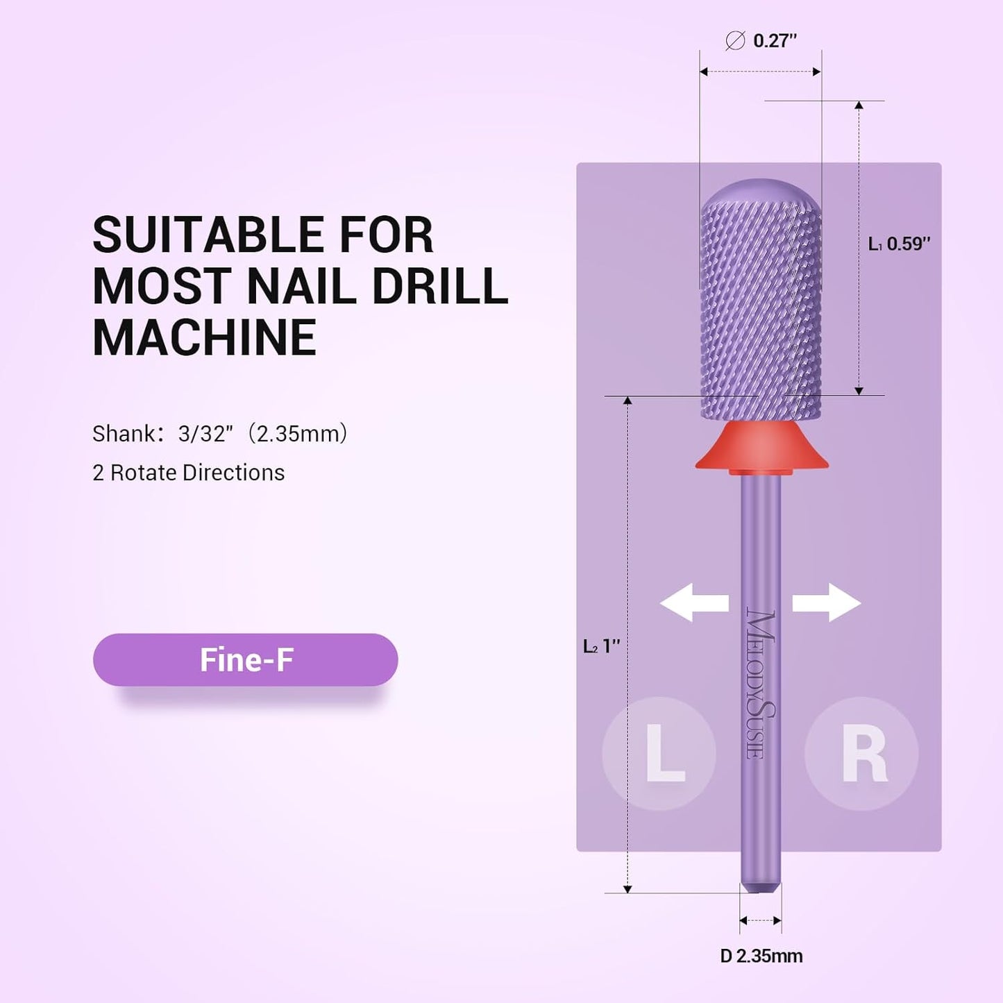 MelodySusie Safety Nail Drill Bits, 3/32'' Smooth Round Top Large Barrel Carbide Bits, Suitable for Manicure Pedicure Cuticle Gel Polishing, Beginners Bits, Purple, Series Bit-S, F