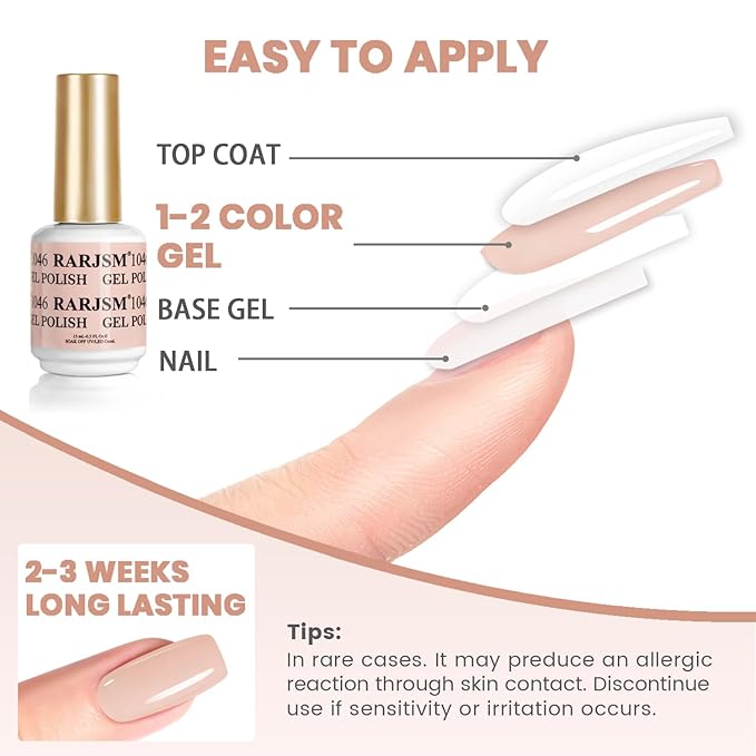 RARJSM Nude Pink Gel Nail Polish 2pcs Set,Gel and Lacquer Combo,Apricot Pink Air Dry Nail Lacquer and Nude Pink GelPolish LED UV Curing Requires French Manicure DIY Nail Art Home Salon 15ml