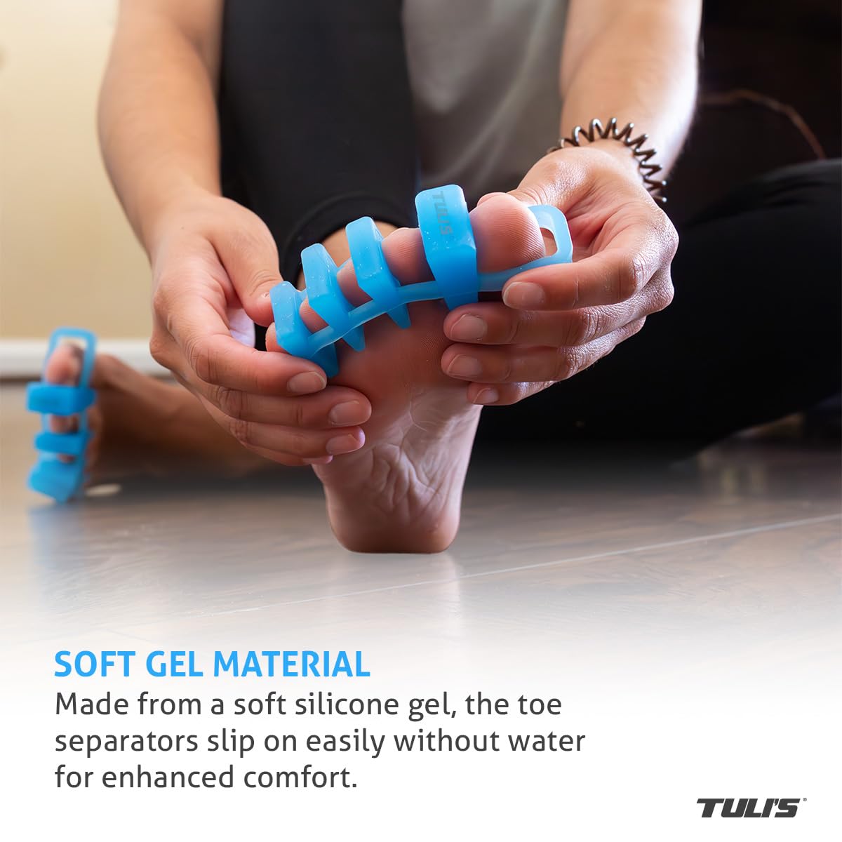 Tuli’s Soft Moves Adjustable Toe Separators, Silicone Toe Spacers for Alignment, Bunions, Hammertoes, Plantar Fasciitis, Yoga, Morton’s Neuroma, and Foot Health, One Size Fits All, Blue