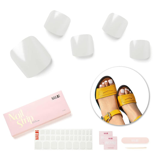 NAILOG Semi Cured Gel Nail Strips, Toe Nail Polish Strips with Glossy Gel Finishing | Buy 2 Get 1 UV Lamp| 32 Pieces Long Lasting Pedi Stickers | Pearl White