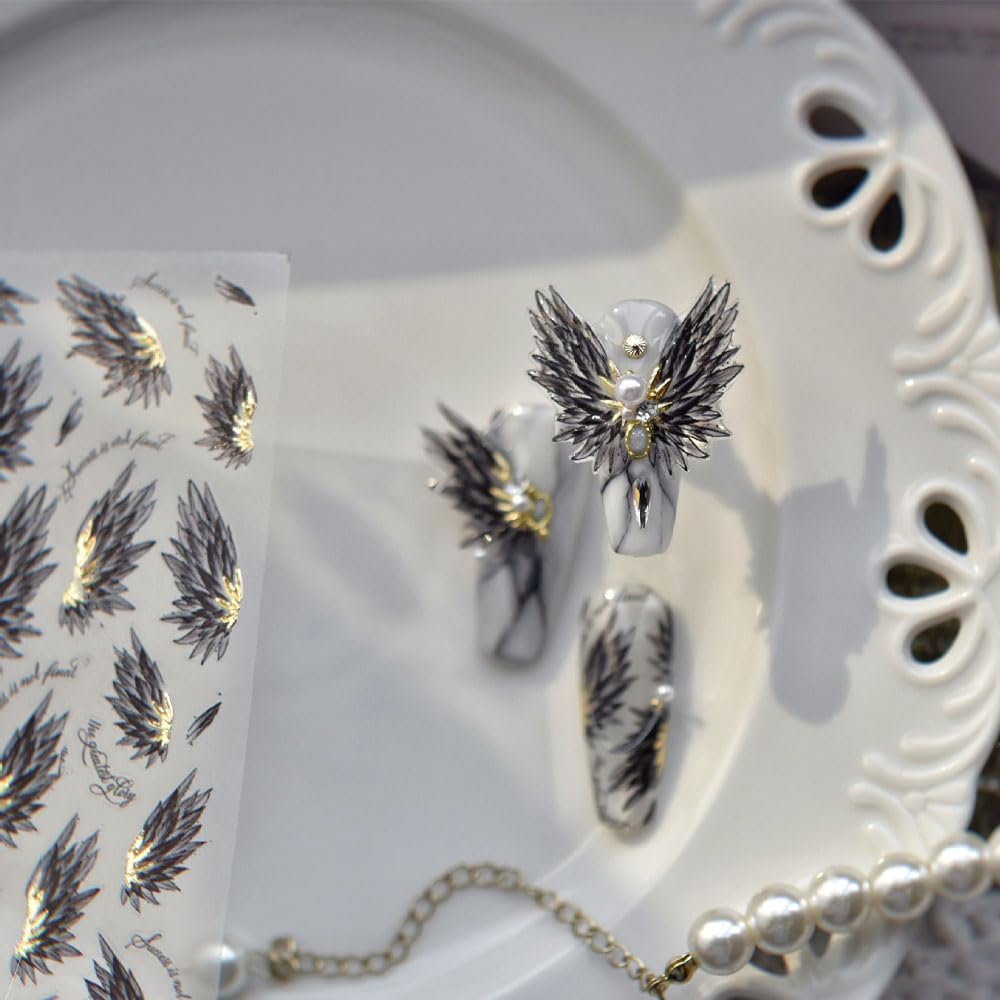 2PCS Angel Wings Nail Art Stickers, White and Gold, 5D Embossed Self-Adhesive Holographic Metal Manicure Decorations for Women