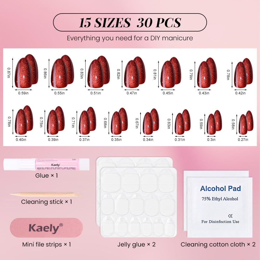 evpct Dark Red Press on Nails Almond Short, Dark Cherry Red Cat Eye Glitter Press on Nails for Women Gift, Soft Gel Press Glue On Nail with Nail Glue, Full Cover, 30Pcs Reusable Acrylic Fake Nails Kit