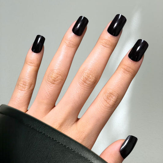 Perfect Look Press On Nails - Black Mirror | No Glue One-Day Short Square Nails, Glossy Jet Black Fake Nails with Gloss Finish - 24 Pcs Nail Kit with Adhesive Tabs