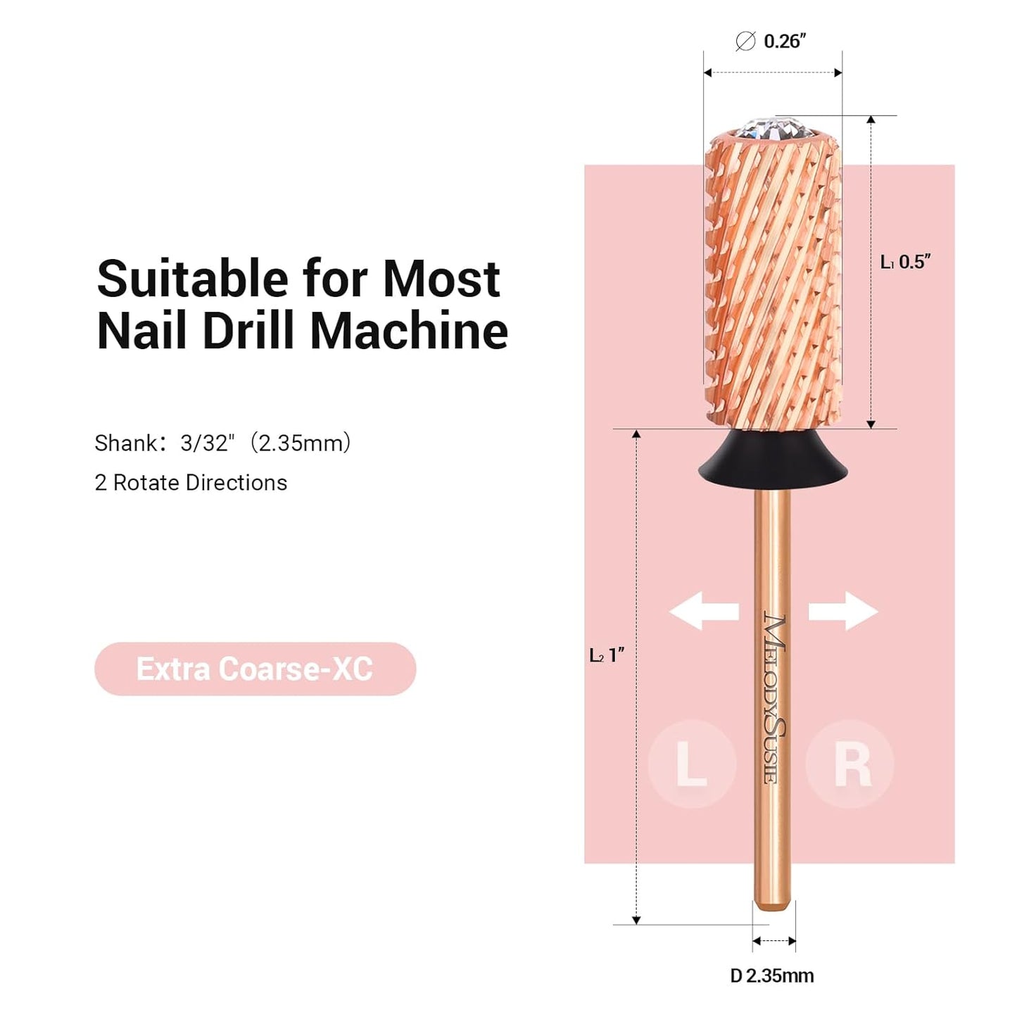MelodySusie Crystal Top Nail Drill Bits, 3/32'' Large Barrel Carbide Bits, Suitable for Manicure Pedicure Cuticle Gel Polishing, Beginners Bits, Rose Gold, Series Bit-S, Extra Coarse