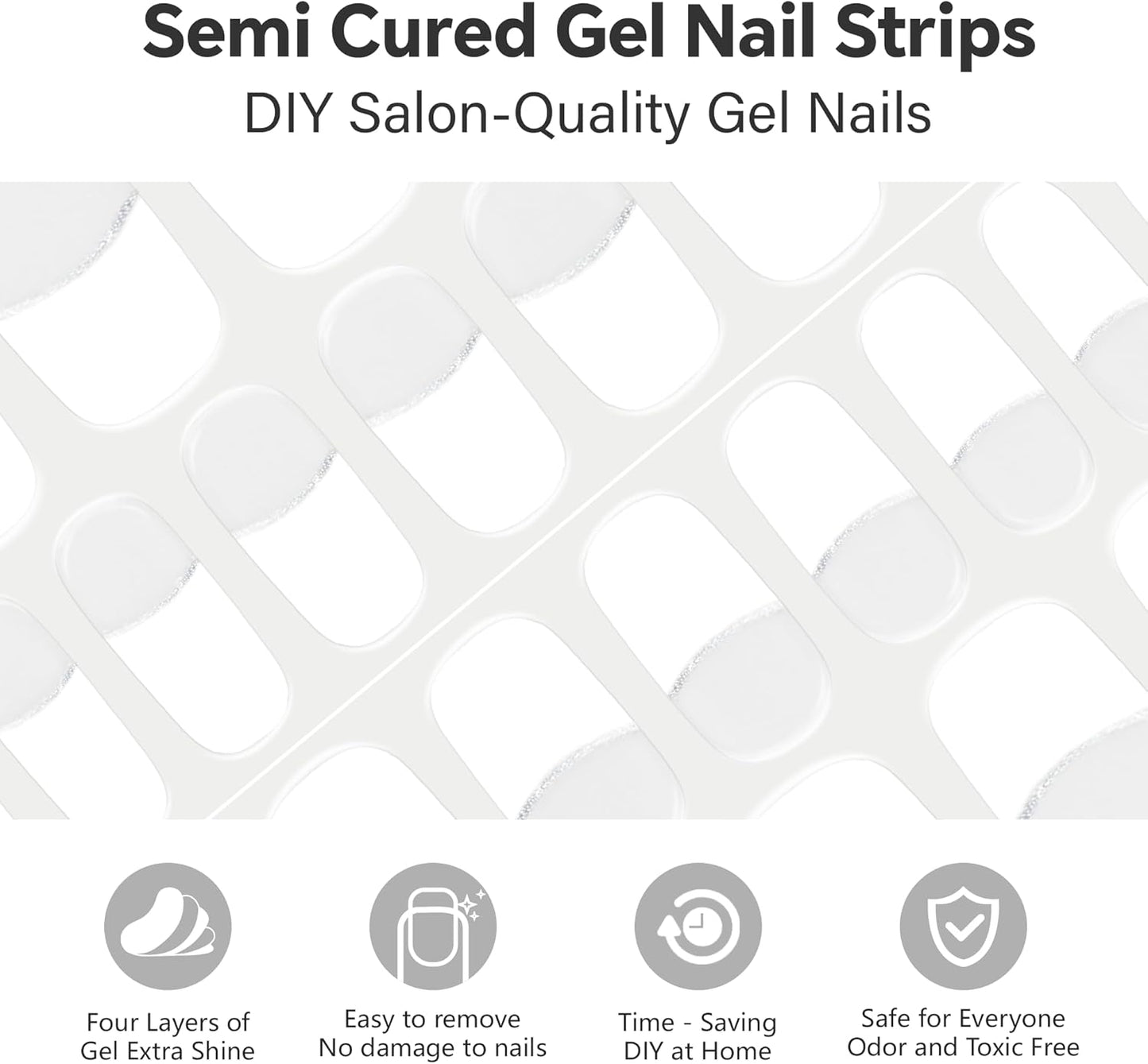 Semi Cured Gel Nail Strips-Bridal Semi-Gel Nail Stickers Wedding French Tip Press Ons,Tear Proof for Big Day,Reusable & Easy Apply Works with Any UV/LED Lamps(Romantic French White)