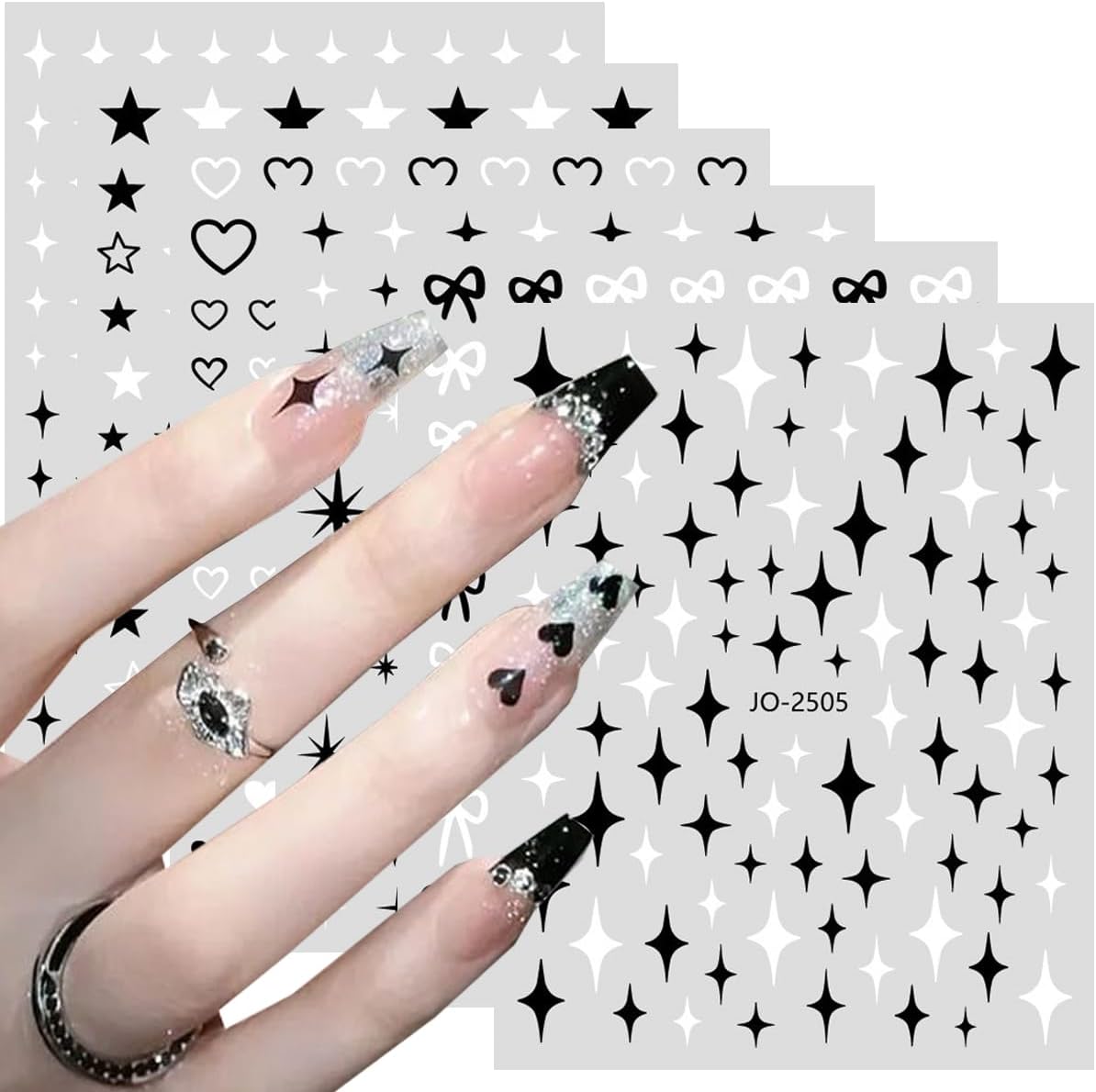 Black White Nail Art Stickers Star Heart Nail Decals Cute Bow Hearts Star Shapes Simple Shiny Pentagram Love Bow Nail Art Designs 3D Self-adhesive Press On Nail Art Charms Sticker Nail Decoration 6PCS