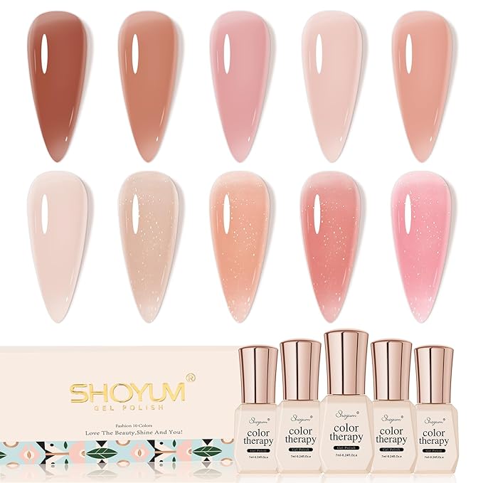 Jelly Nude Gel Nail Polish Set 10Pcs Neutral Skin Color Rose Maple Red Shimmer Gel Polish Kit Semi-Transparent Nail Polish Fall Nail Gel UV LED Soak Off Home DIY 7ml